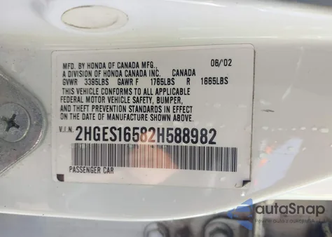 2002 Honda Civic Lx из США, поврежденный, VIN 2HGES16582H588982